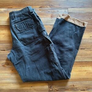 Duluth Trading Co Navy Relaxed Fit Utility Cargo Pants Size 33x34 Tan Raw Hem